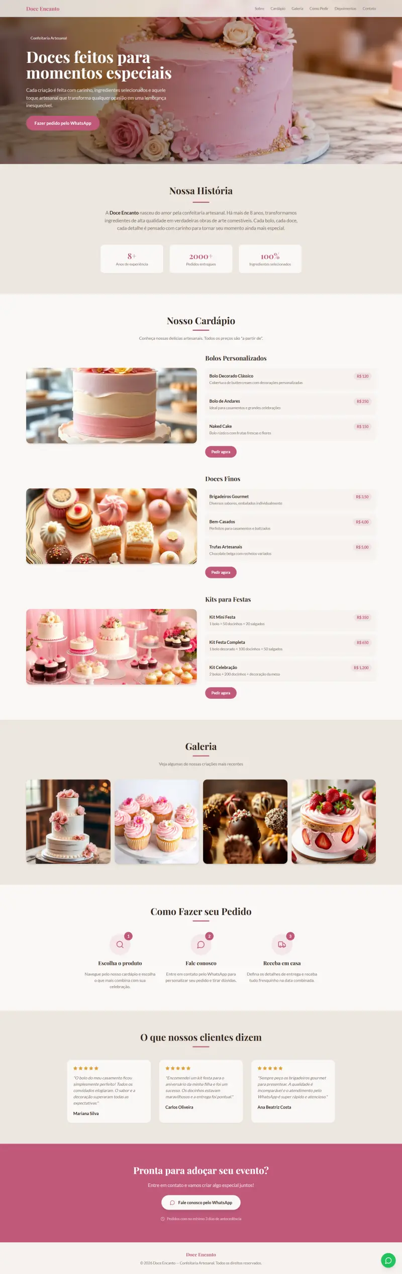 Catálogo online para confeitaria artesanal com pedidos via WhatsApp — desenvolvimento de site para confeitaria pela Impulso Digital